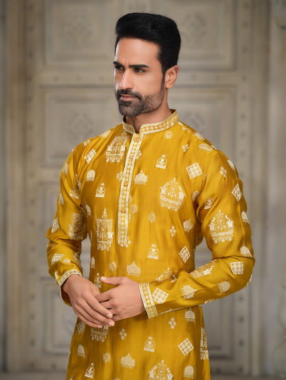 Gamboge Silk Kurta with Intricate Embroidery and Regal Appeal