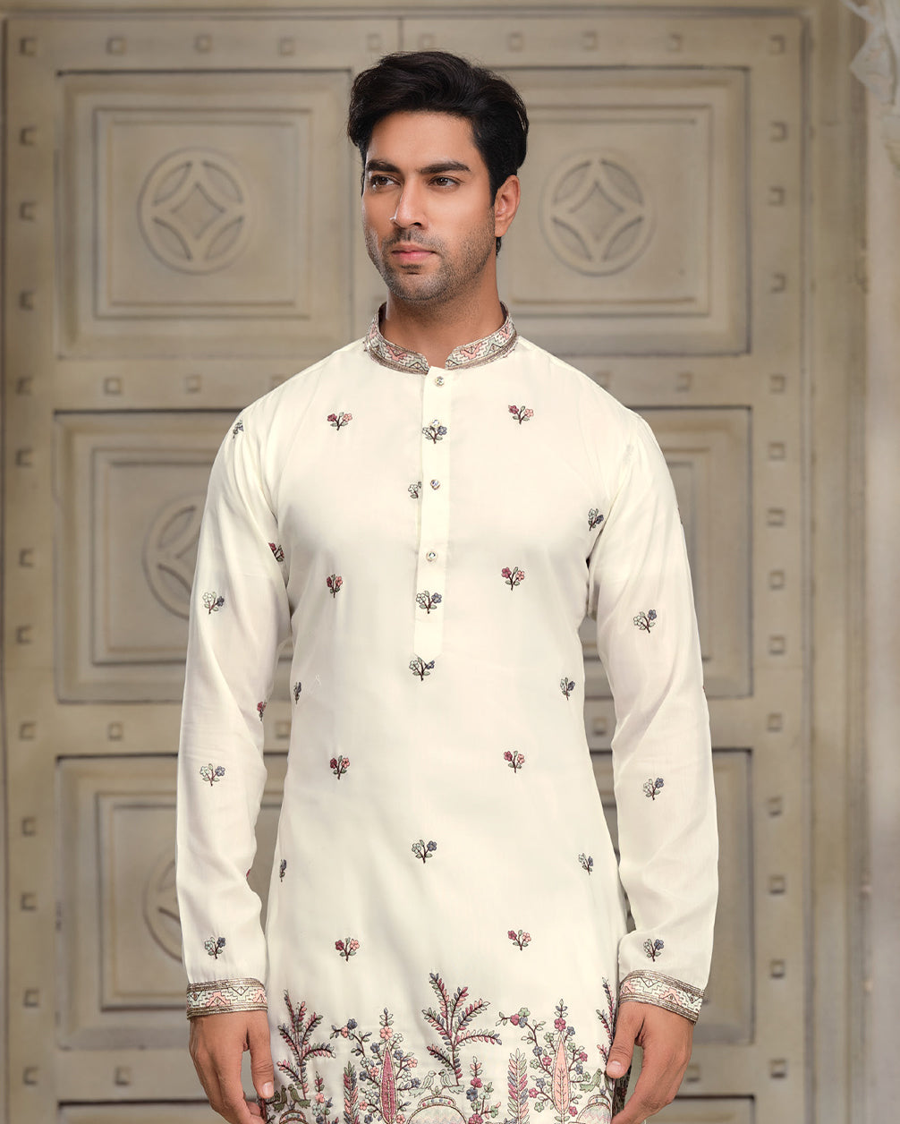 Soft Ivory Silk Kurta with Intricate Motifs