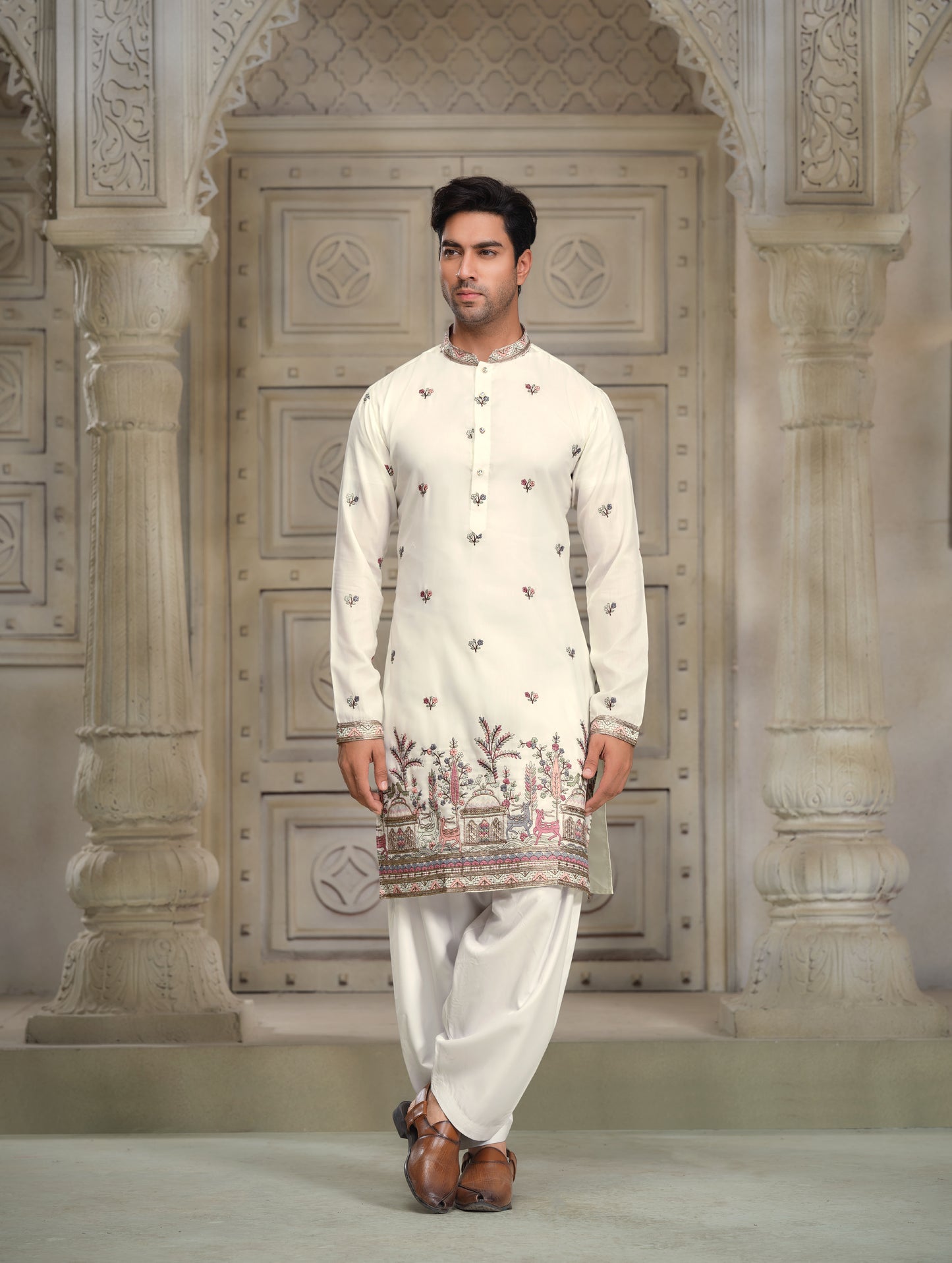 Soft Ivory Silk Kurta with Intricate Motifs