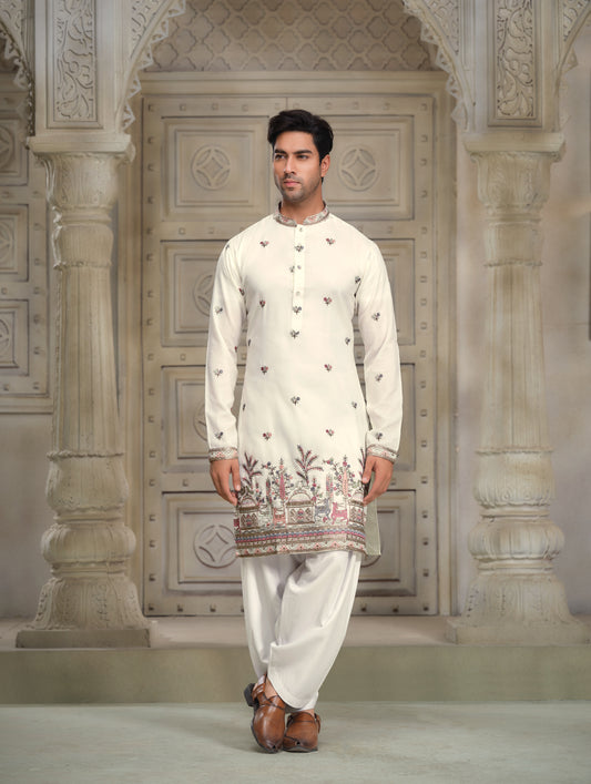 Soft Ivory Silk Kurta with Intricate Motifs