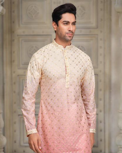 Whispering Elegance - White & Soft Pink Silk Kurta with Multicolor Embroidery
