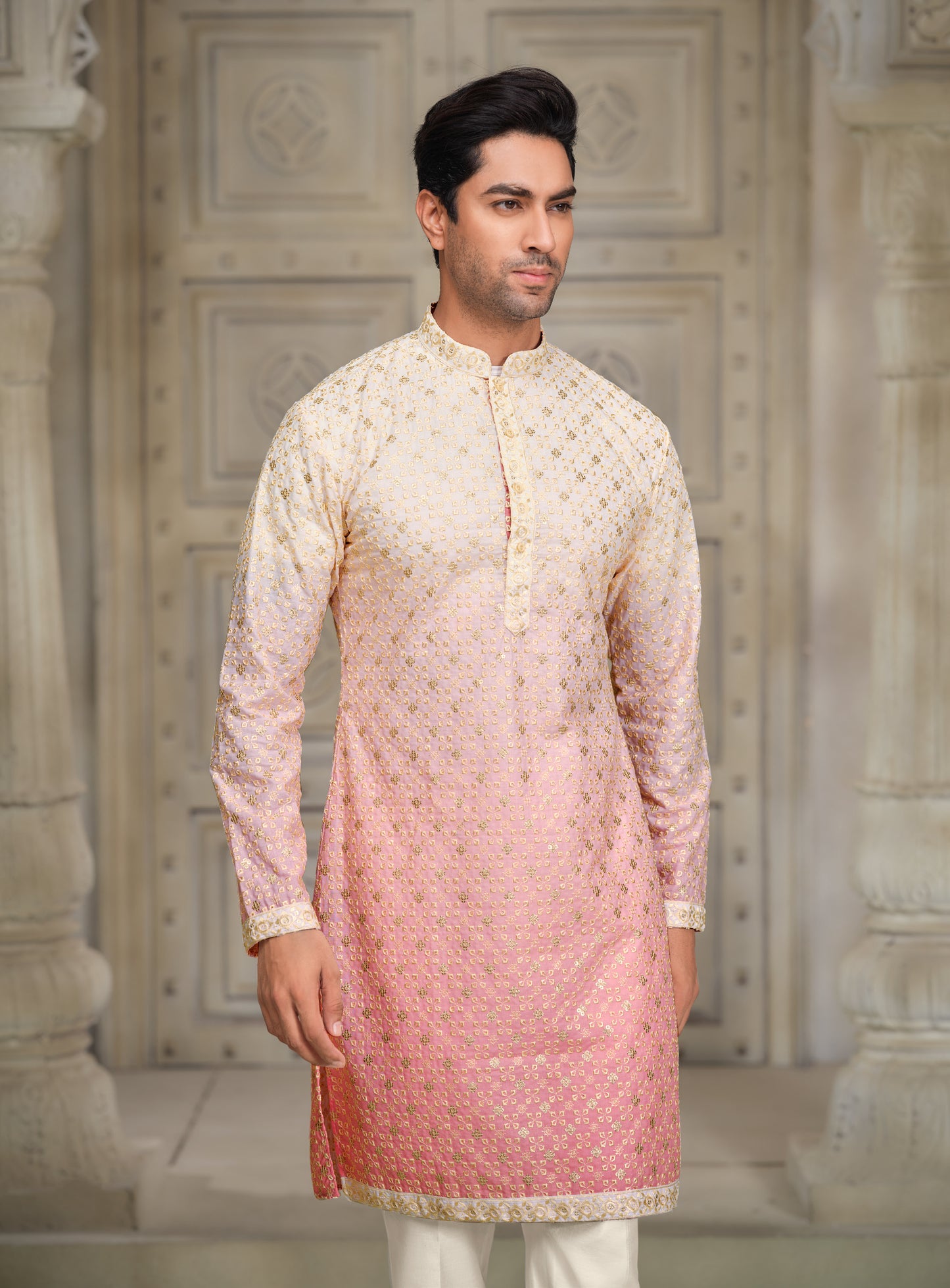 Whispering Elegance - White & Soft Pink Silk Kurta with Multicolor Embroidery
