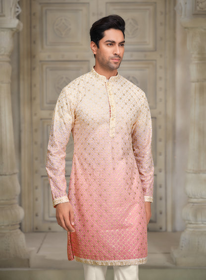 Whispering Elegance - White & Soft Pink Silk Kurta with Multicolor Embroidery