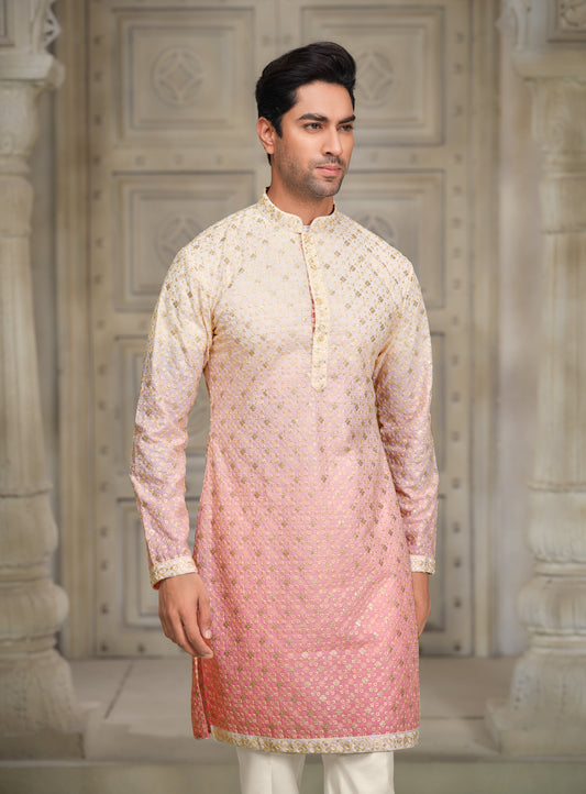 Whispering Elegance - White & Soft Pink Silk Kurta with Multicolor Embroidery