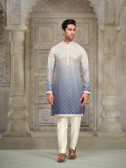 Celestial Harmony Silk Kurta - White & Blue with Multi-Color Embroidery