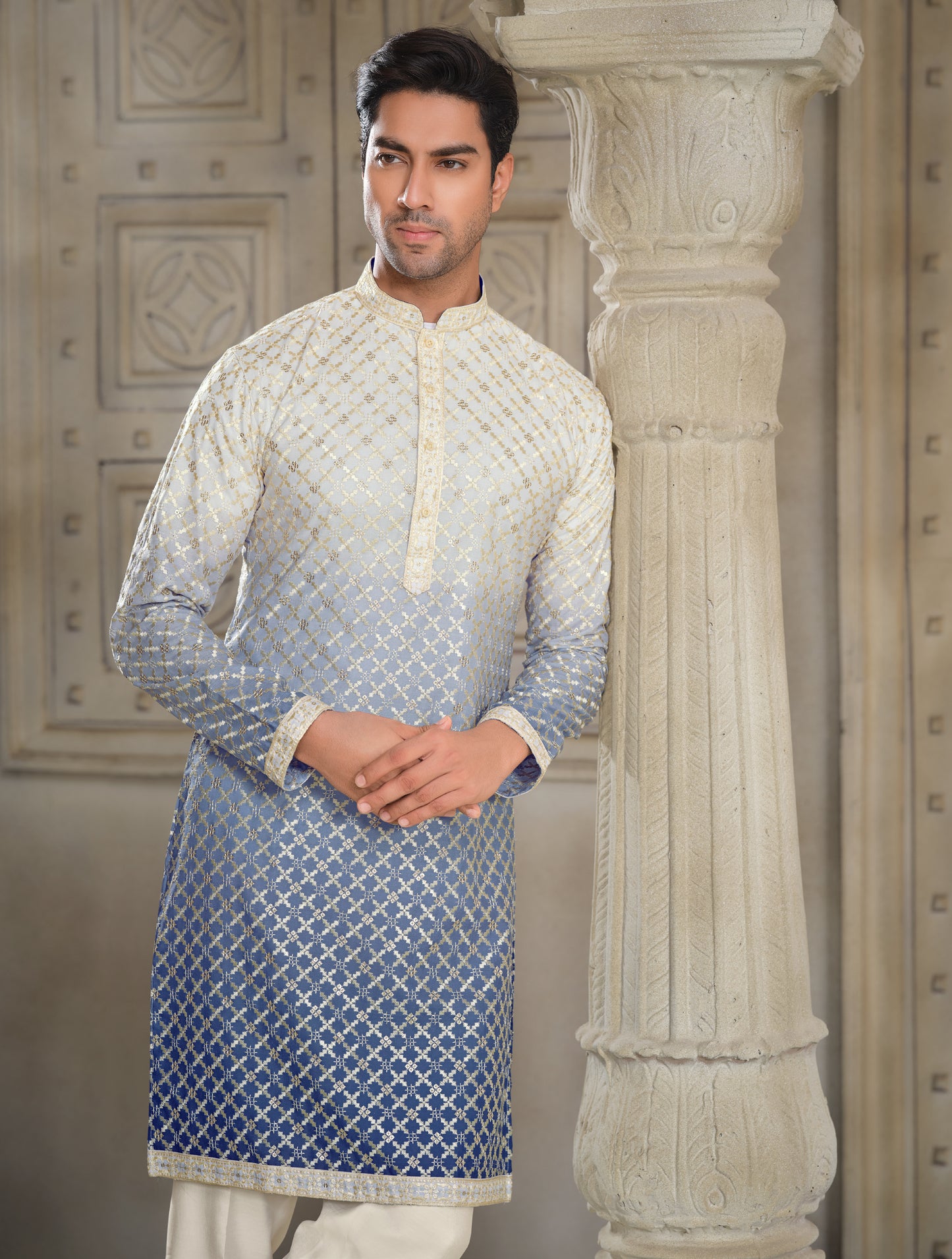 Celestial Harmony Silk Kurta - White & Blue with Multi-Color Embroidery