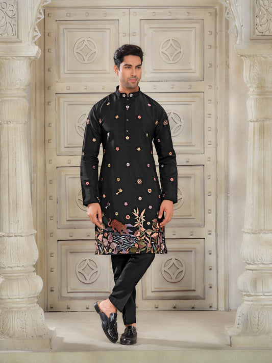 Black Silk Kurta with Intricate Motif Embroidery