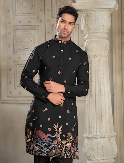 Black Silk Kurta with Intricate Motif Embroidery