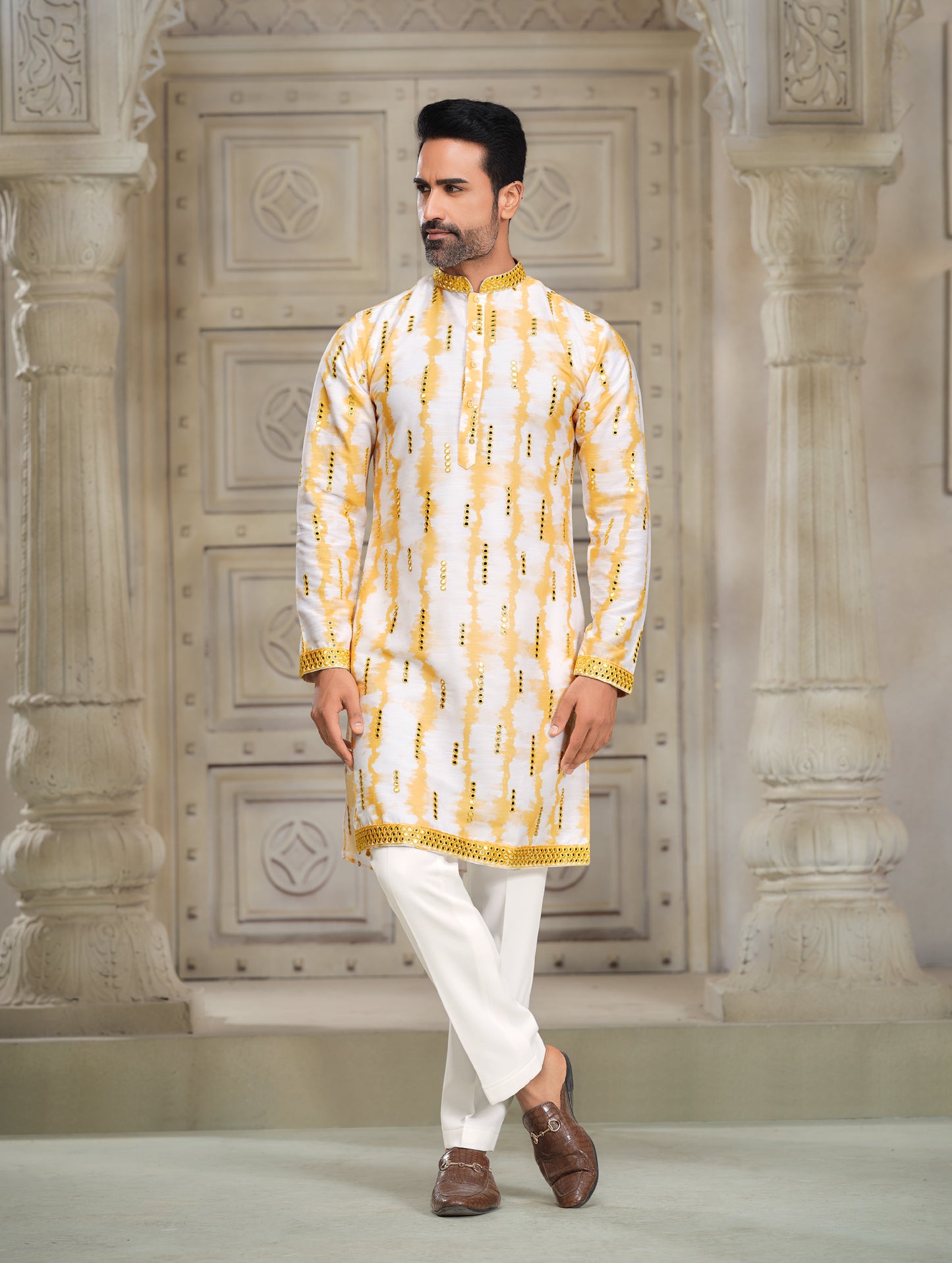 Sunlit Elegance - Soft Yellow & White Silk Kurta with Mirror Embroidery