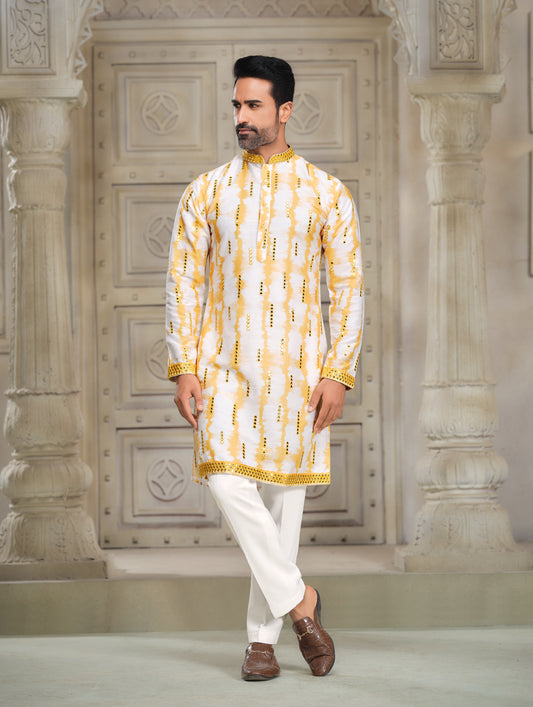 Sunlit Elegance - Soft Yellow & White Silk Kurta with Mirror Embroidery