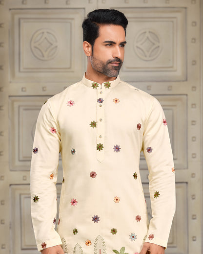 Moccasin Silk Kurta - Intricate Motif Embroidery