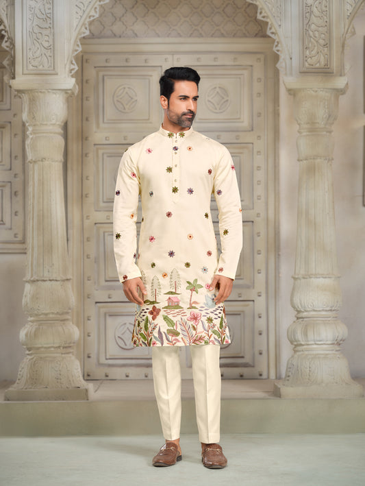 Moccasin Silk Kurta - Intricate Motif Embroidery