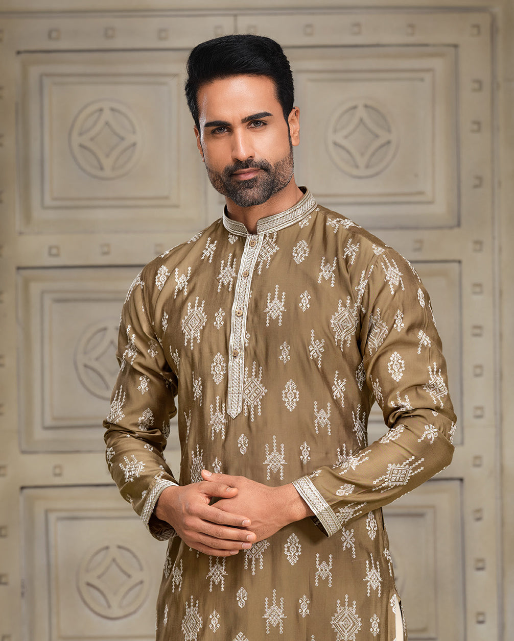 Centaur Brown Silk Kurta - Embroidered Elegance