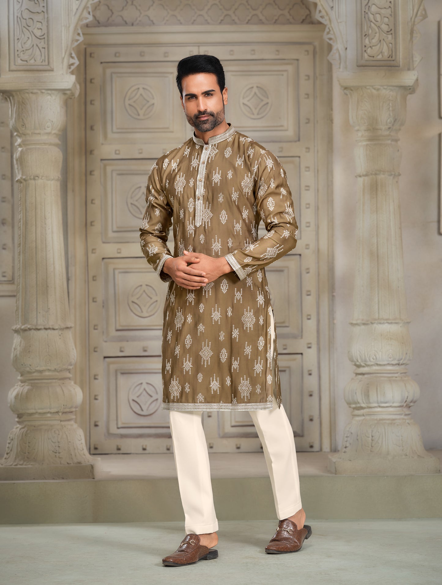Centaur Brown Silk Kurta - Embroidered Elegance