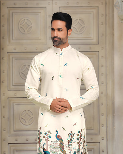 Glamour White Silk Kurta - Intricate Motifs Masterpiece