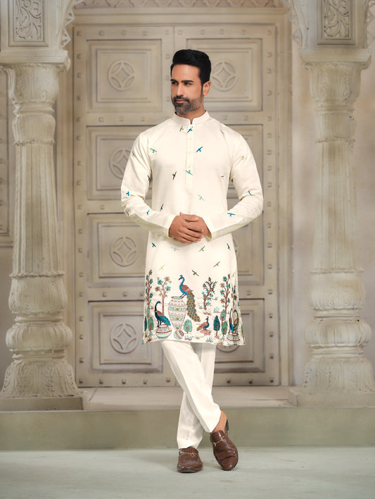 Glamour White Silk Kurta - Intricate Motifs Masterpiece