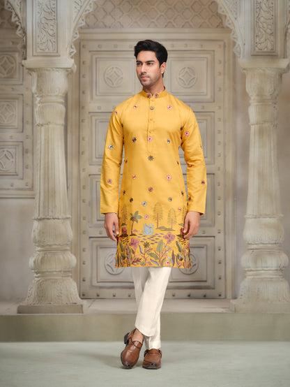 Yellow Currant Silk Kurta - Intricate Motifs Design