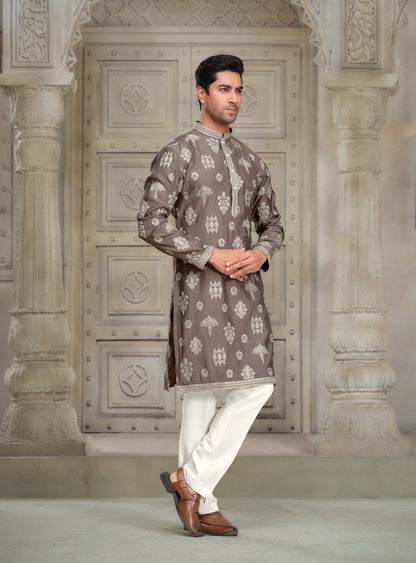 Twilight Mauve Silk Kurta - Embroidered Grace