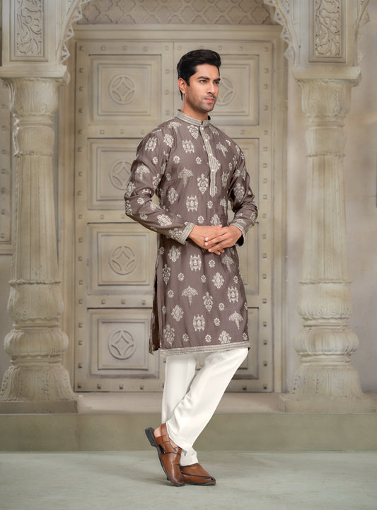 Twilight Mauve Silk Kurta - Embroidered Grace
