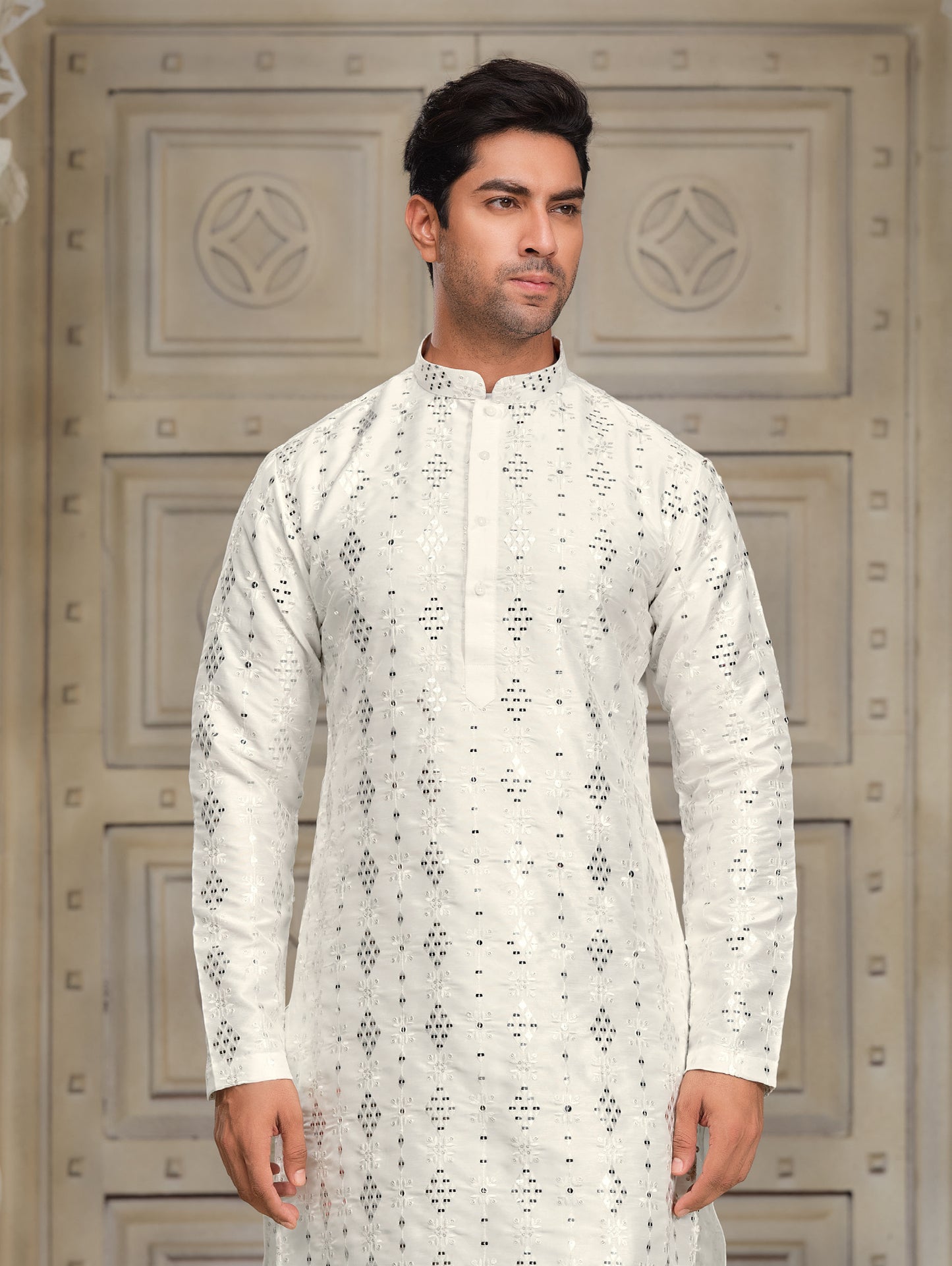 Elegance in White - Silk Embroidered Kurta