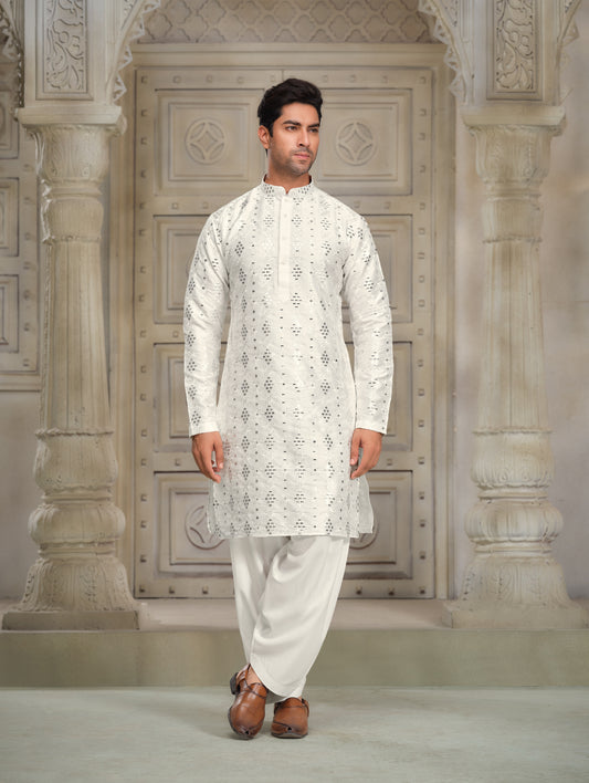 Elegance in White - Silk Embroidered Kurta