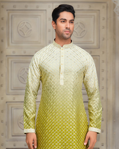Wild Wheat & Sunken Gold Silk Kurta with Golden Embroidery