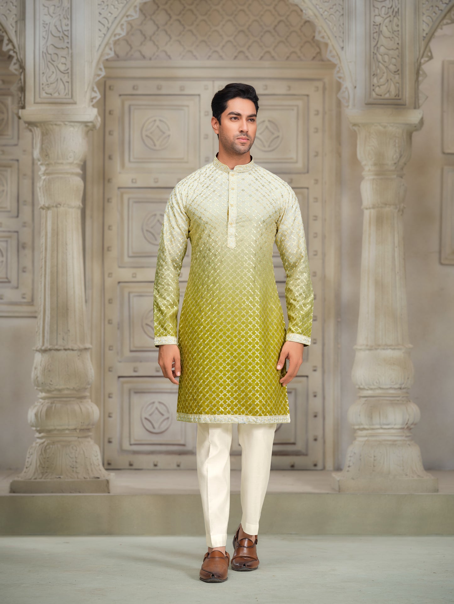 Wild Wheat & Sunken Gold Silk Kurta with Golden Embroidery