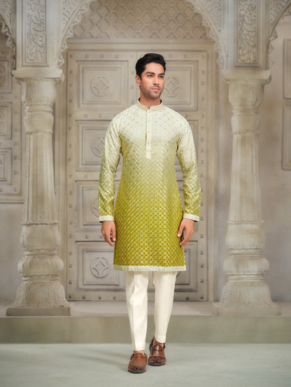 Wild Wheat & Sunken Gold Silk Kurta with Golden Embroidery