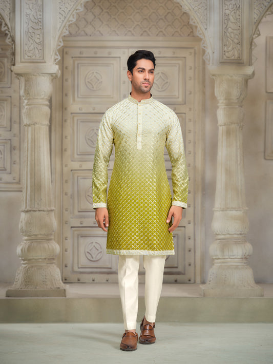 Wild Wheat & Sunken Gold Silk Kurta with Golden Embroidery