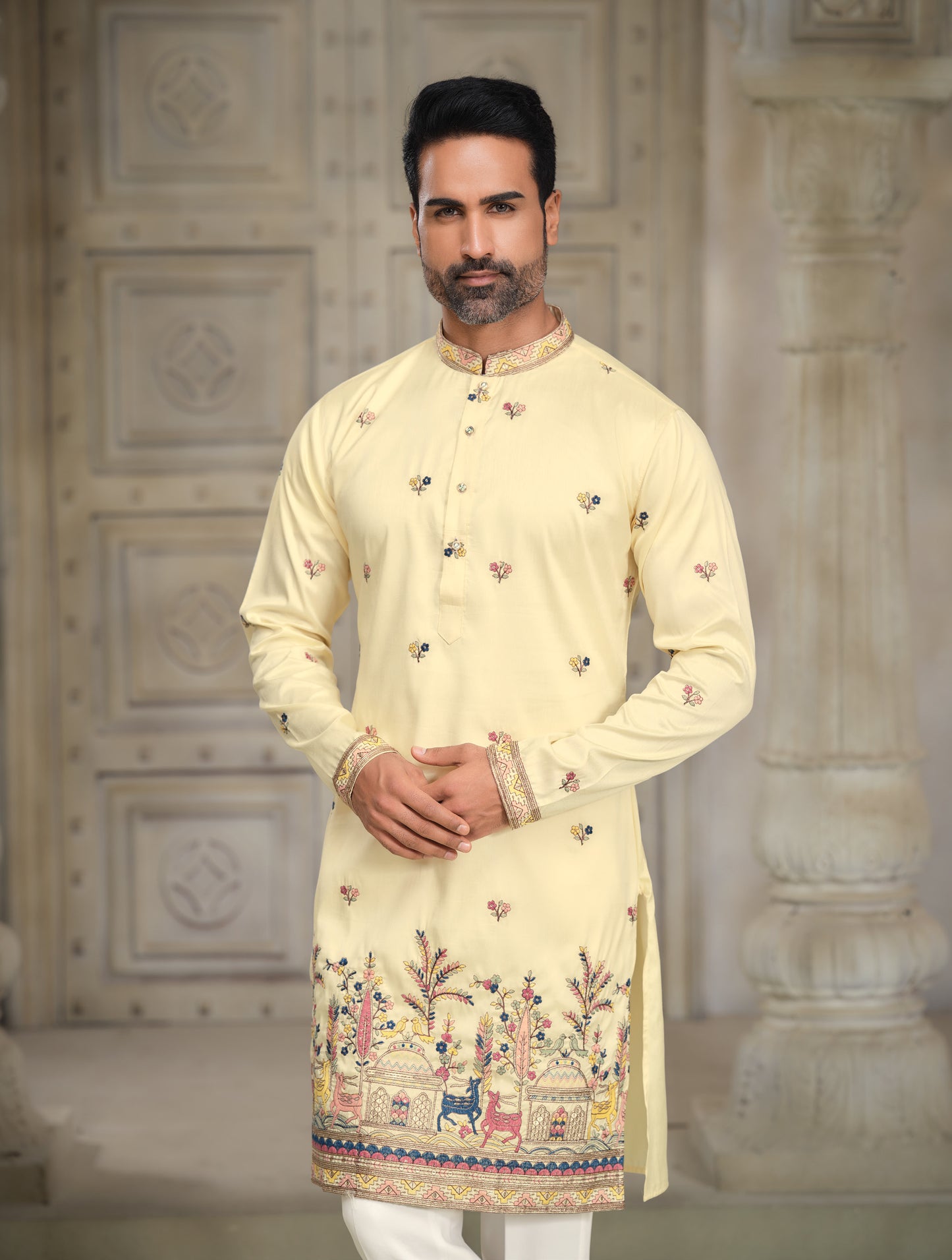 Royal Ivory Embroidered Silk Kurta with Intricate Motifs