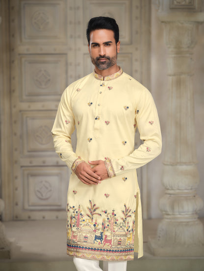 Royal Ivory Embroidered Silk Kurta with Intricate Motifs