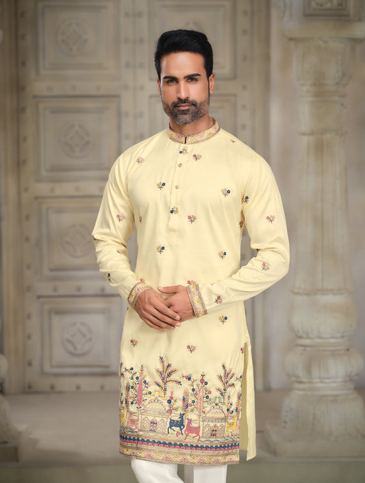 Royal Ivory Embroidered Silk Kurta with Intricate Motifs