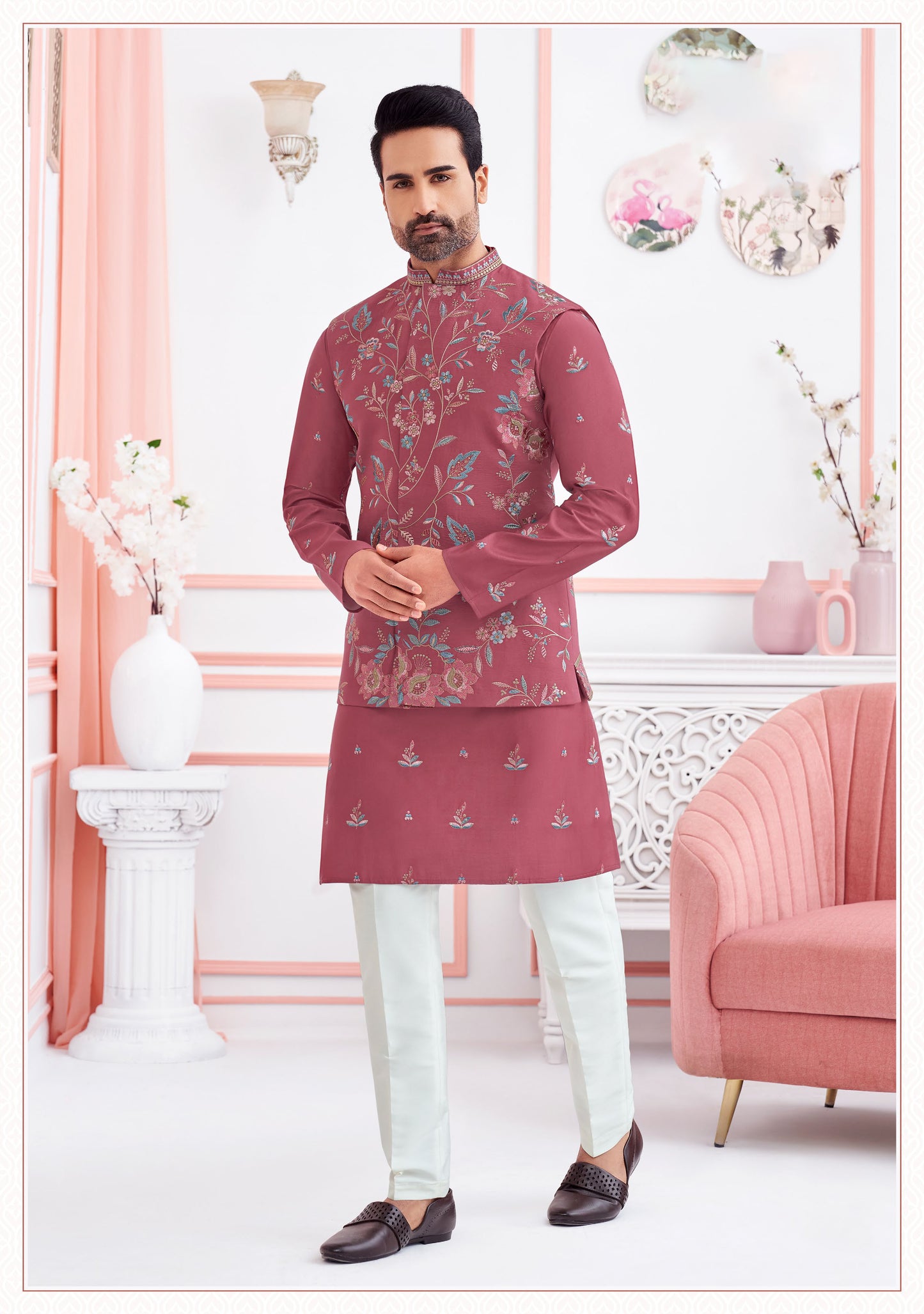 Dusky Rose Dream Embroidered Silk Koti Kurta Set