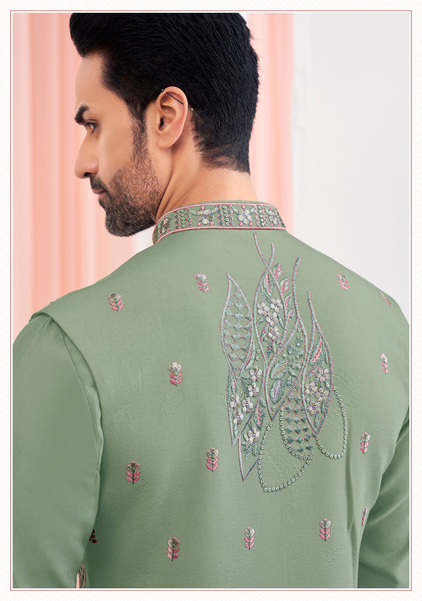 Lichen Green Elegance Embroidered Silk Koti Kurta Set