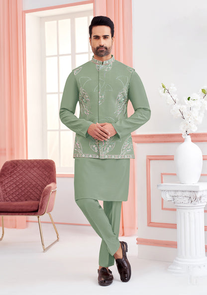 Lichen Green Elegance Embroidered Silk Koti Kurta Set