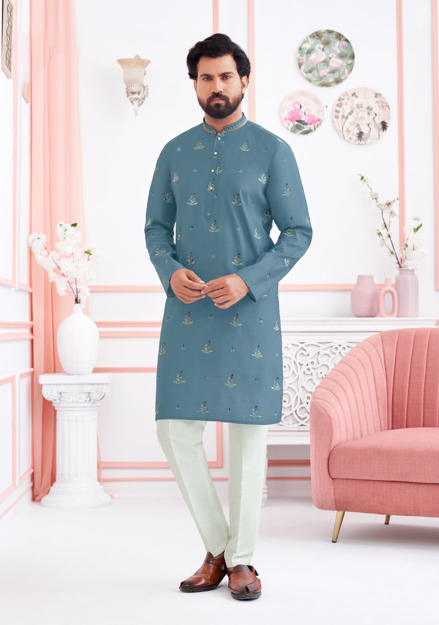 Smoky Blue Royale Embroidered Silk Koti Kurta Set