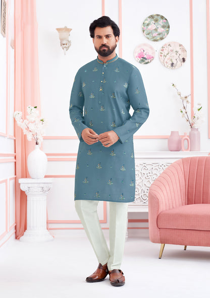 Smoky Blue Royale Embroidered Silk Koti Kurta Set