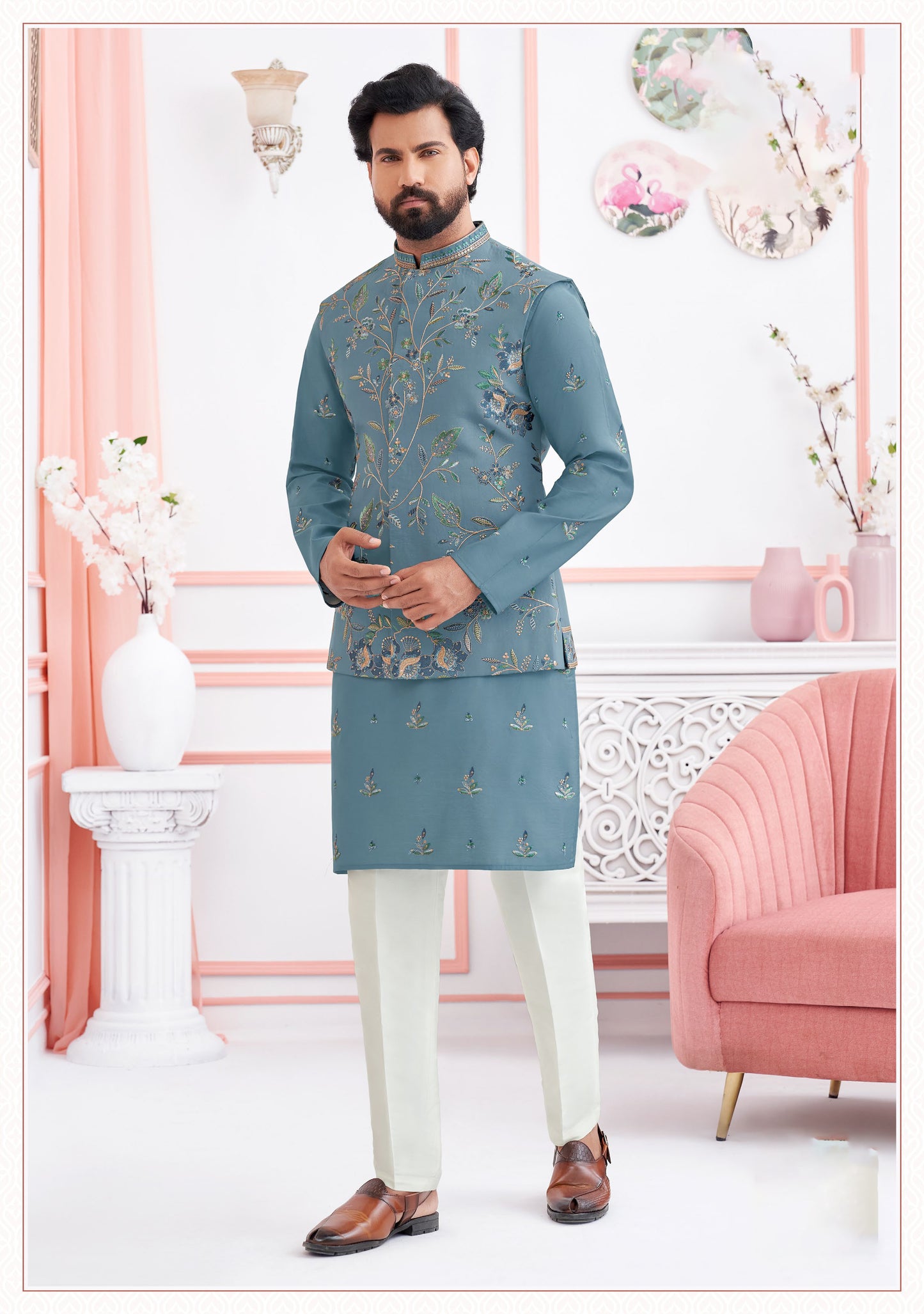 Smoky Blue Royale Embroidered Silk Koti Kurta Set