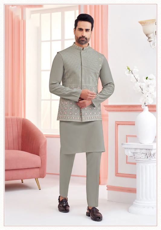 Plymouth Grey Silk Koti Kurta Set with Embroidered Work