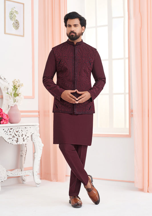 Kuwazome Red Koti Kurta Set – Silk with Embroidered Work