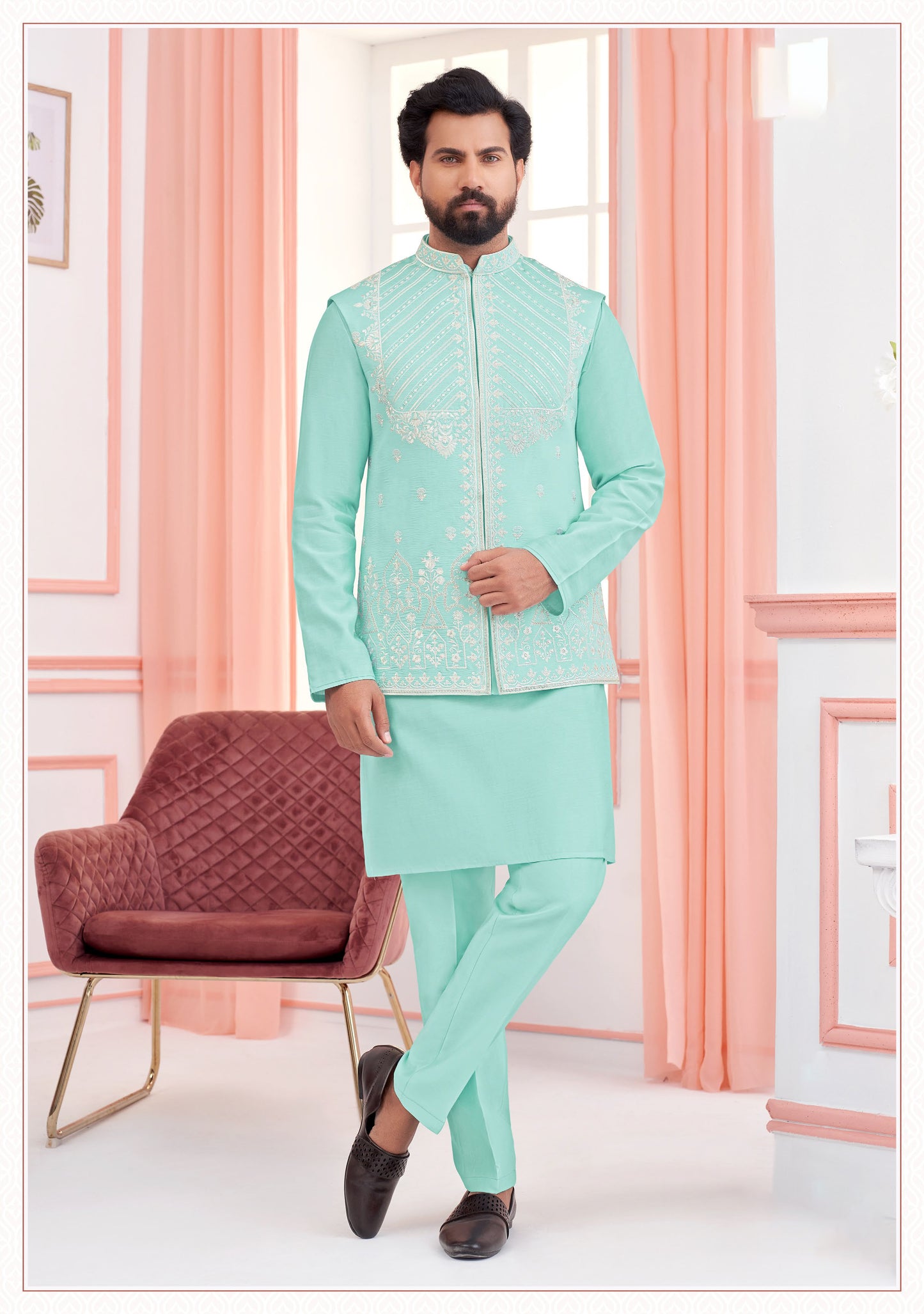 Fair Aqua Elegance - Embroidered Koti Kurta Set