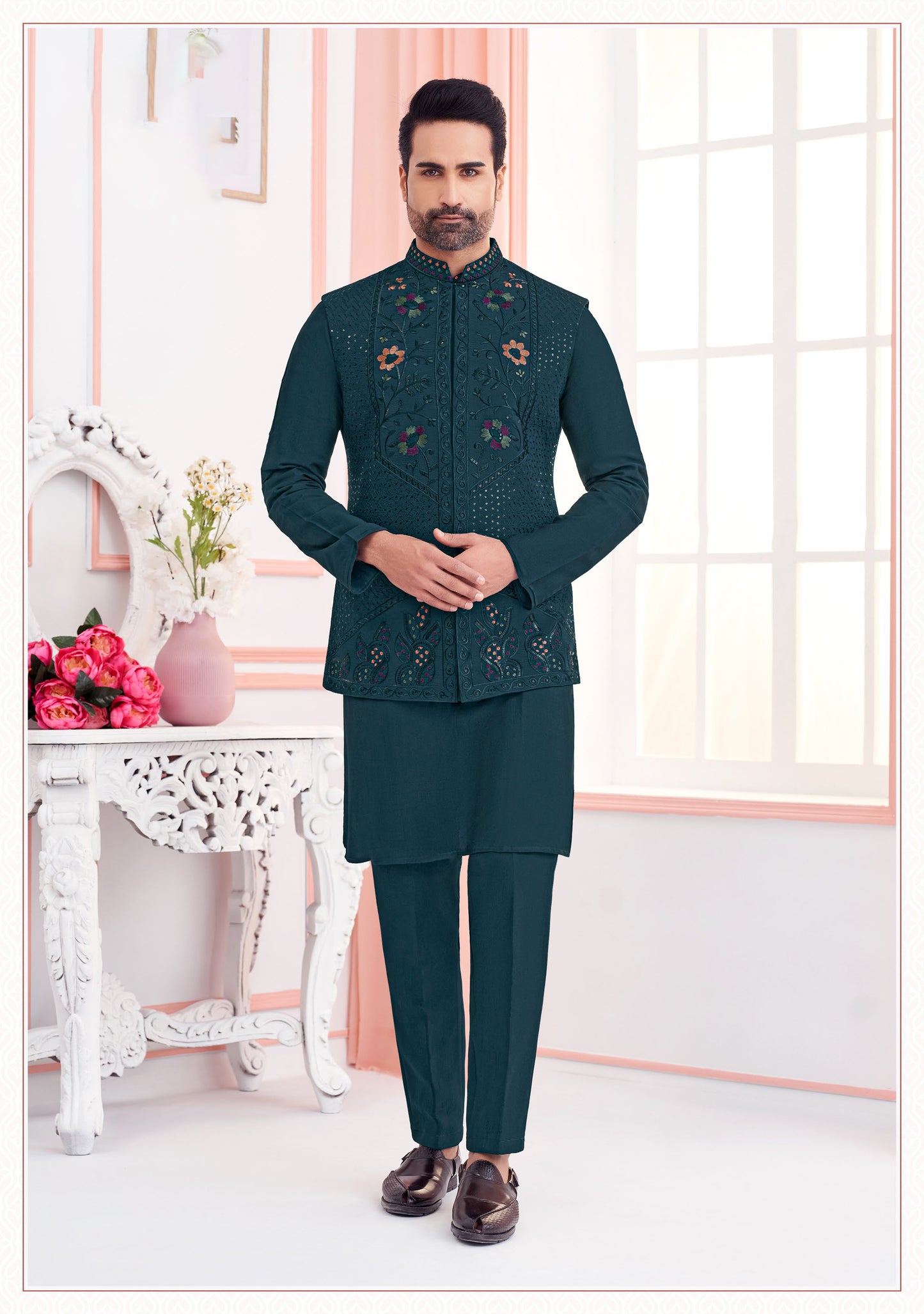 Reflecting Pond - Embroidered Silk Koti Kurta Set