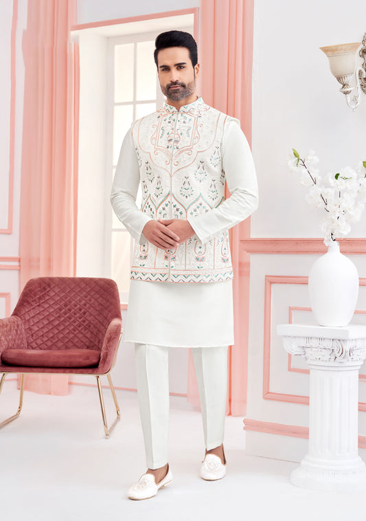 Ivory Elegance Embroidered Silk Koti Kurta Set