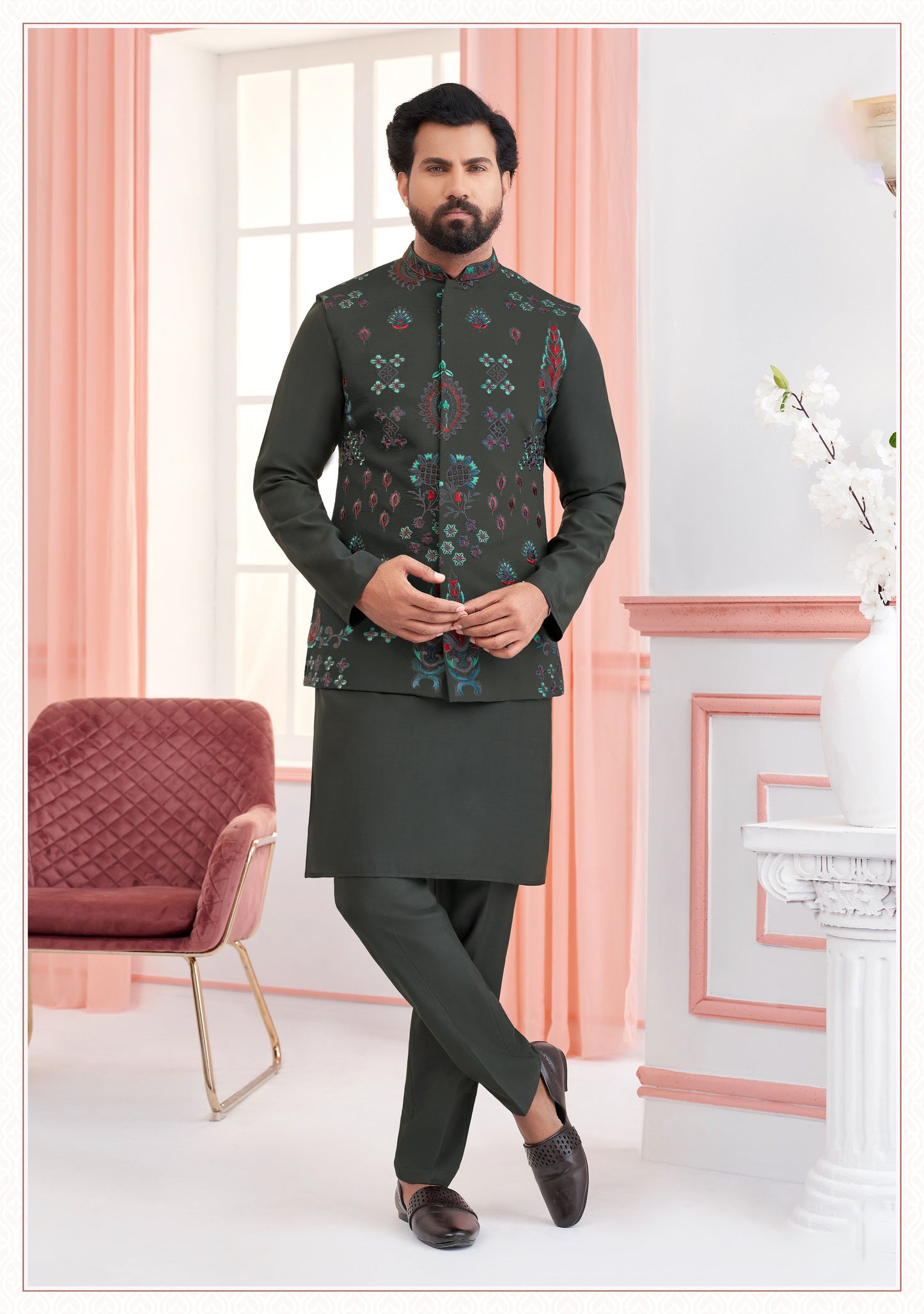 Midnight Majesty Black Embroidered Silk Koti Kurta Set