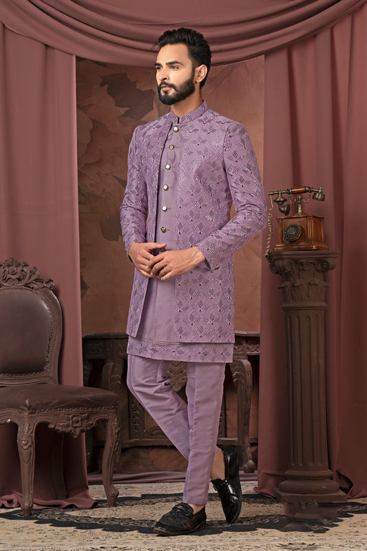 Purple Embroidered Open Indo-Western Kurta