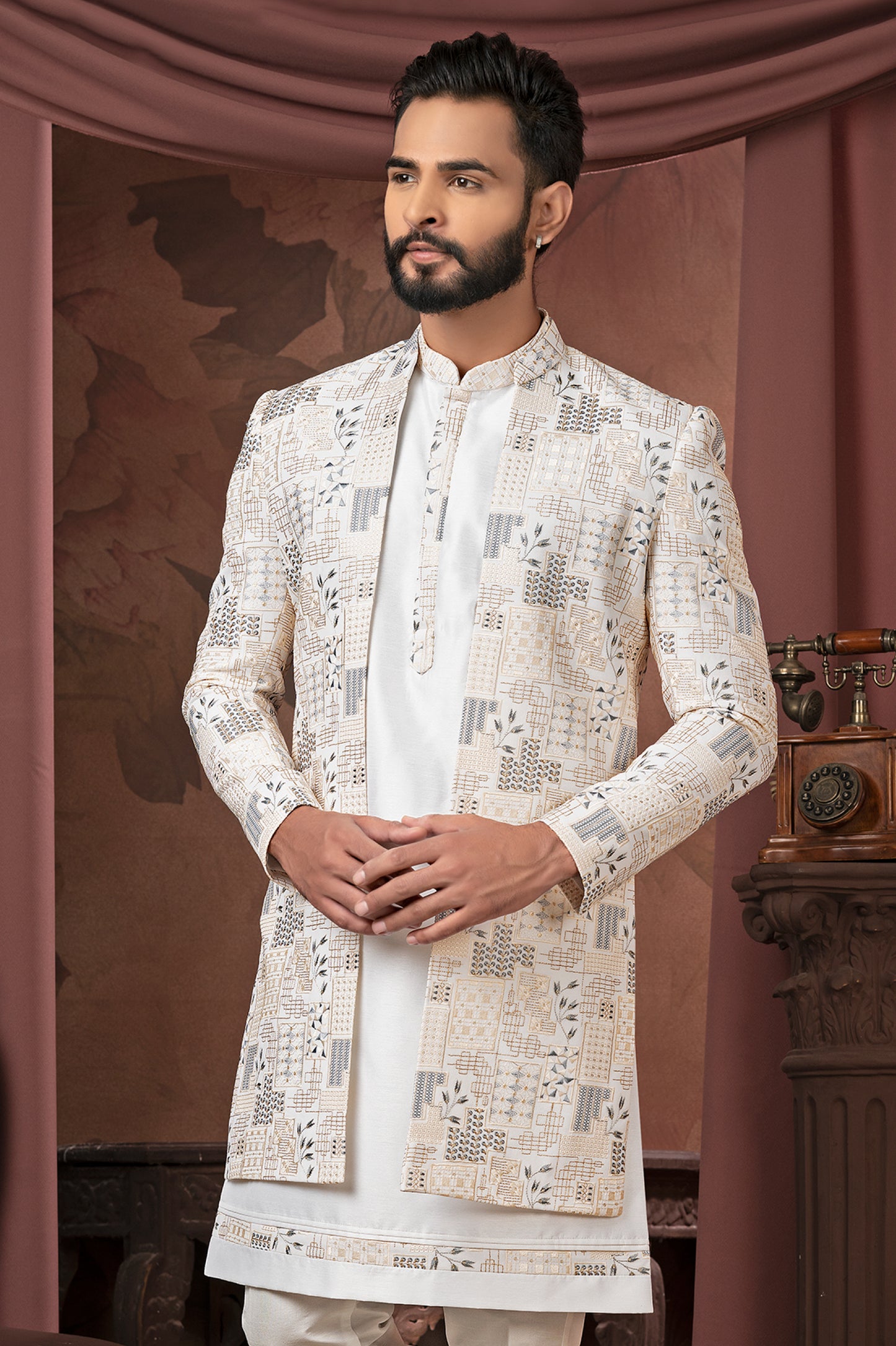 Ivory Printed Embroidered Indo-Western Sherwani Set