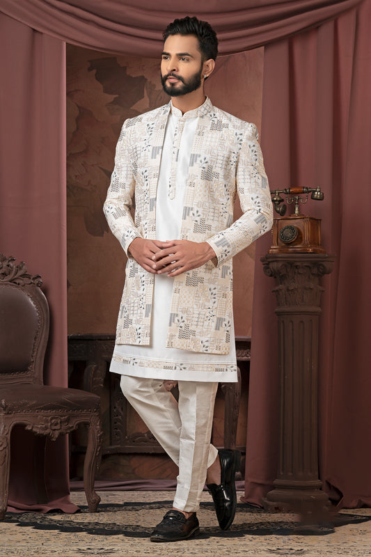 Ivory Printed Embroidered Indo-Western Sherwani Set