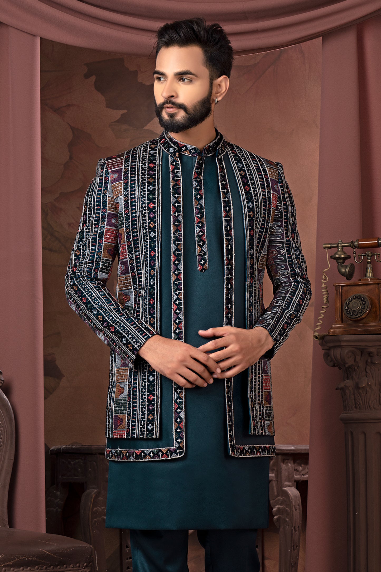 Teal and Multicolor Embroidered Indo-Western Set