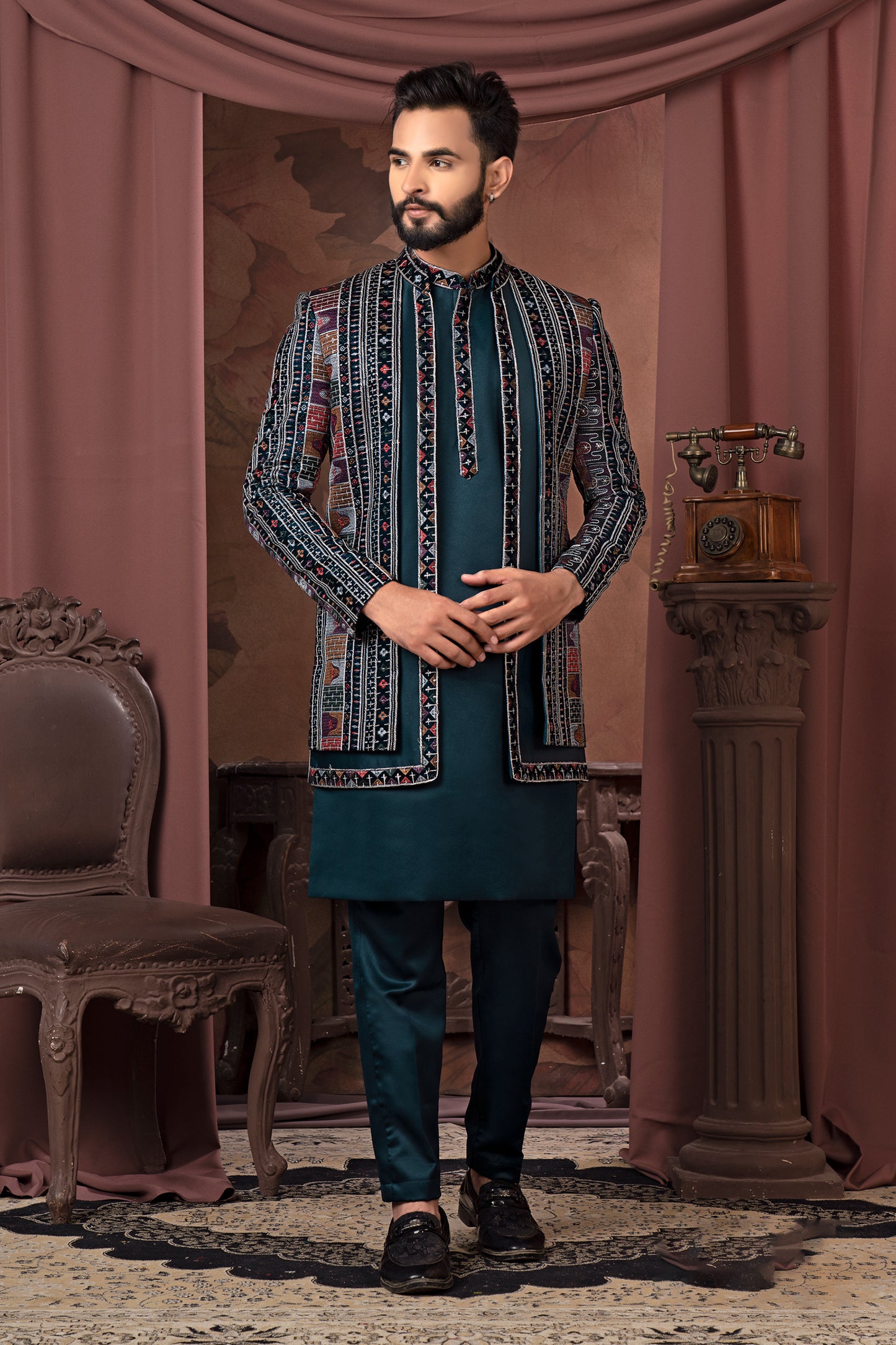 Teal and Multicolor Embroidered Indo-Western Set