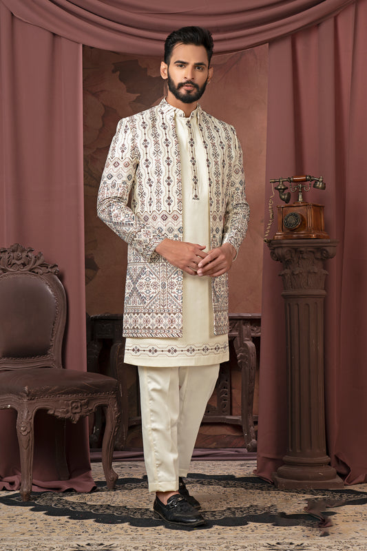 Ivory and Brown Embroidered Indo-Western Sherwani Set